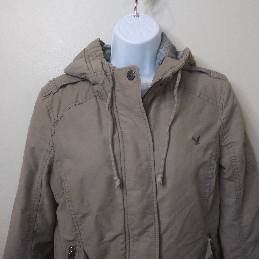 American Eagle 2012 Women's Hooded Khaki Water Resistant Bomber Style Jacket - Picture 2 of 16